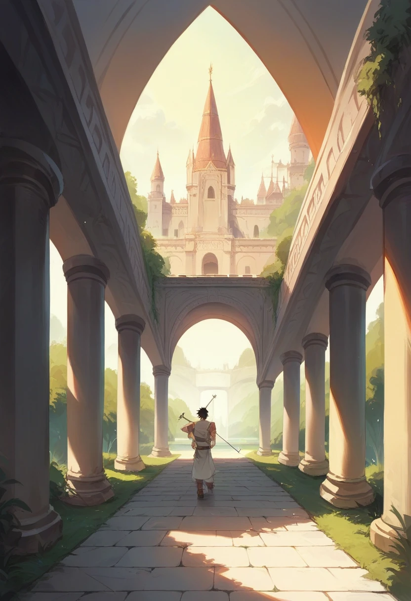 An Indonesian man with a clean face, 40 years old, carry a bow and arrow on the back, sword in hand, walked out of the magnificent palace over a stone bridge.