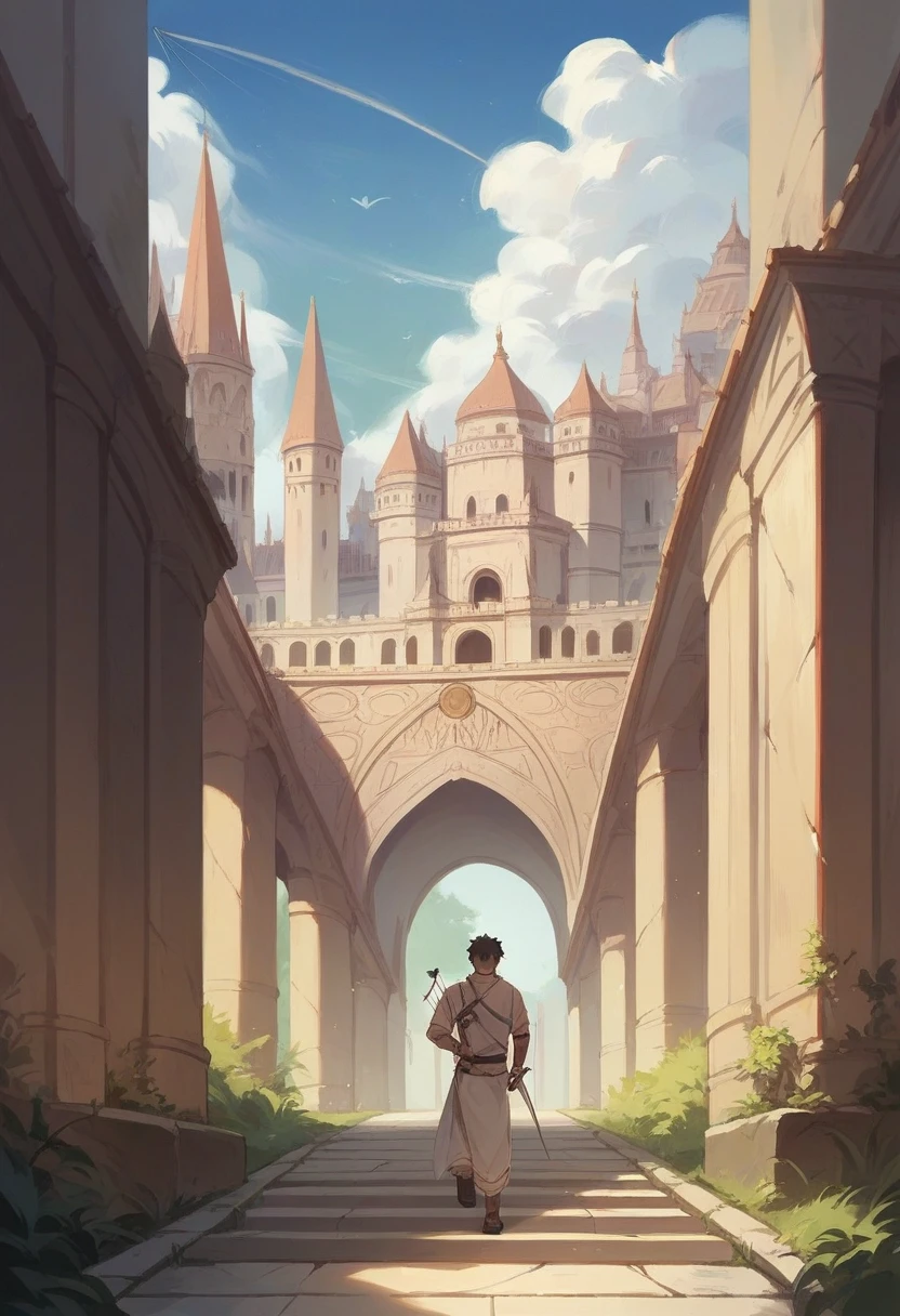 An Indonesian man with a clean face, 40 years old, carry a bow and arrow on the back, sword in hand, walked out of the magnificent palace over a stone bridge.