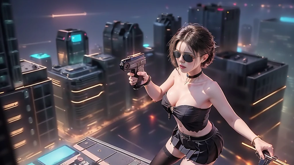 (aerial view). at night, futuristic sci-fi cyberpunk city, broad viaduct, skyscrapers at the end of the viaduct, the movie "13th Floor" style, hq. Matrix style, at night, (1girl, solo), photo realistic, (large-breast:1.2 slim body, cleavage:1.3), (((tube top, extreamly short pleated (((miniskirt))) exposing panty))), (((((matrix style black sunglasses))))), (((((aiming at camera with a (pistol)))))), (((half-body (thigh level) medium shot))), (cinematic lighting).