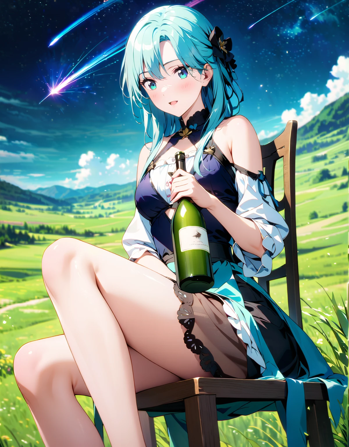 Very delicate and beautiful,非常にdetailed,CG,Unity,8k wallpaper,wonderful,detailed,masterpiece,The best quality in the best condition,Official Art,非常にdetailed CG 8k Unbelievably ridiculous resolution,Beautiful and exquisite,High resolution,非常にdetailedな目と顔,Night Sky.shooting star,grassland,Sitting on a chair、Holding a bottle of wine,