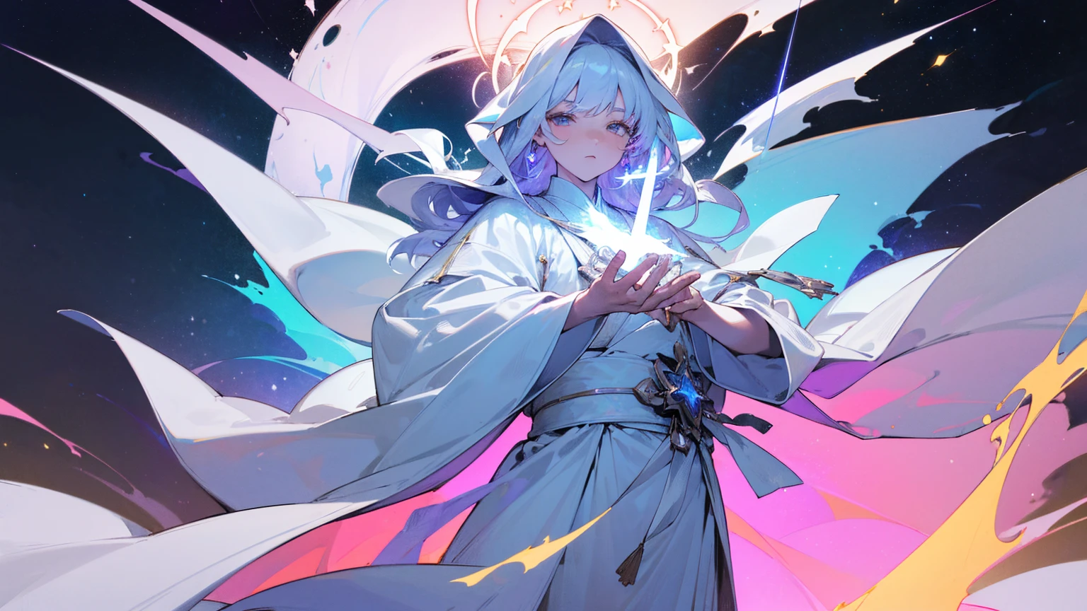 A mysterious figure in a white robe standing at the center of the world, surrounded by countless stars and cosmic nebulae, extending his hands as if creating and shaping the entire world, ,in the style of the stars art group xing xing, 32k, best quality, masterpiece, super detail, high details,upper body only, glowing sword on hilt,