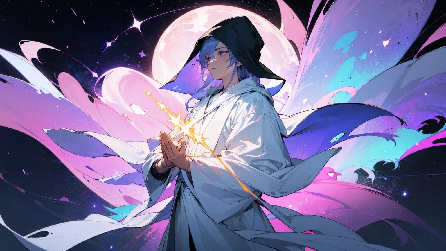 A mysterious figure in a white robe standing at the center of the world, surrounded by countless stars and cosmic nebulae, extending his hands as if creating and shaping the entire world, ,in the style of the stars art group xing xing, 32k, best quality, masterpiece, super detail, high details,upper body only, glowing sword on hilt,