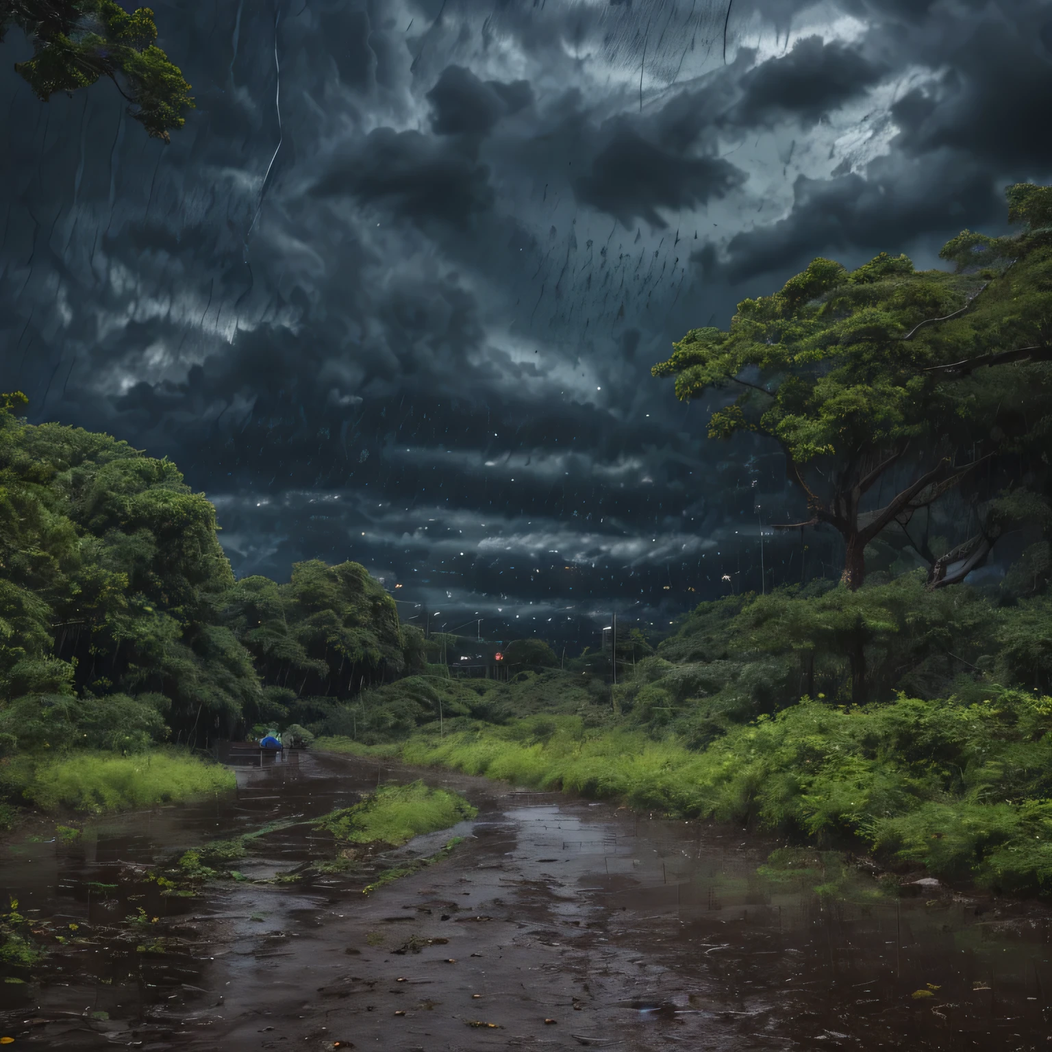 (high quality), (Realistic photos)、No audience、((Rainy Nature Park:1.5))、((Dark rainy sky:1.4))、((In the natural park:1.4))、Daytime、