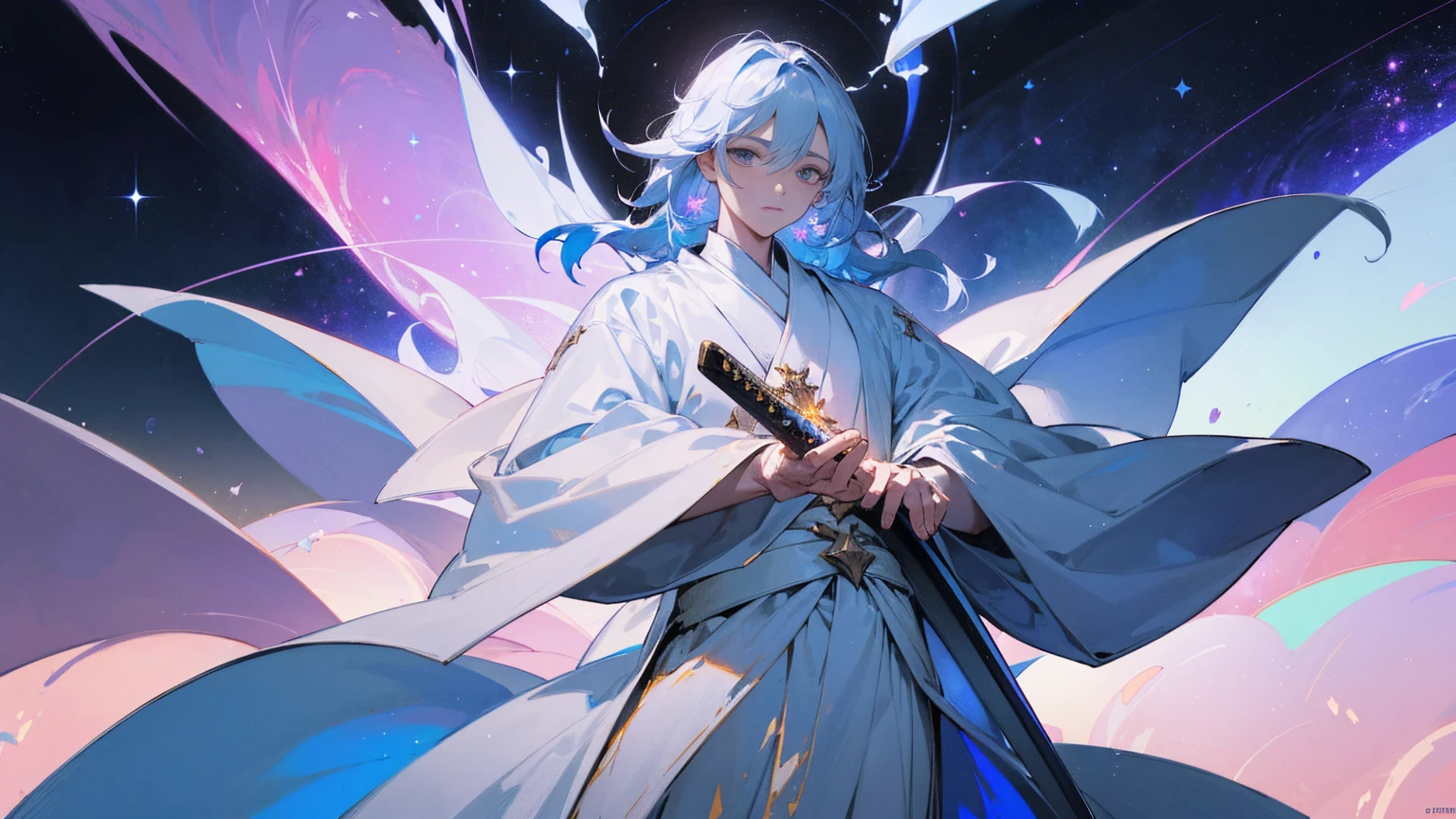 A mysterious figure in a white robe standing at the center of the world, surrounded by countless stars and cosmic nebulae, extending his hands as if creating and shaping the entire world, ,in the style of the stars art group xing xing, 32k, best quality, masterpiece, super detail, high details,upper body only, glowing sword on hilt,
