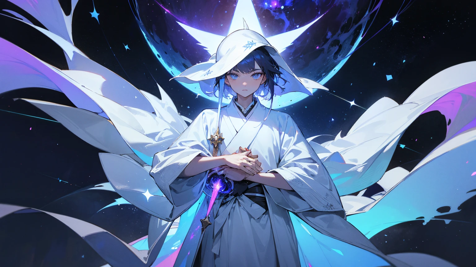 A mysterious figure in a white robe standing at the center of the world, surrounded by countless stars and cosmic nebulae, extending his hands as if creating and shaping the entire world, ,in the style of the stars art group xing xing, 32k, best quality, masterpiece, super detail, high details,upper body only, glowing sword on hilt,
