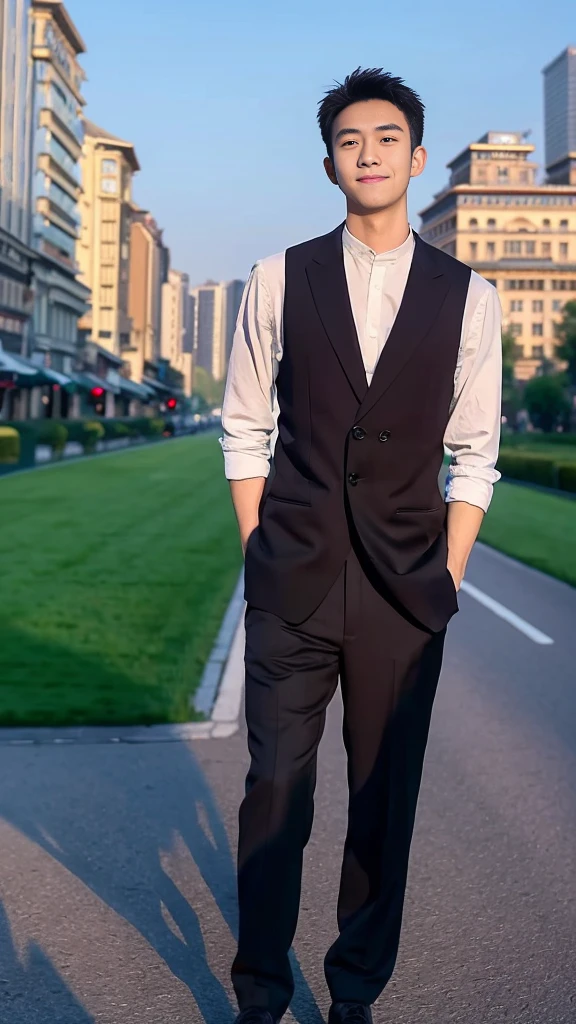 Masterpiece, best quality, height, Ultra high resolution,TRUE, photoTRUEistic,young man,handsome face,evening,natural light,look at viewer,outdoor,full body,smile,round face,short hair,Eye details,Shanghai city road,night scenery