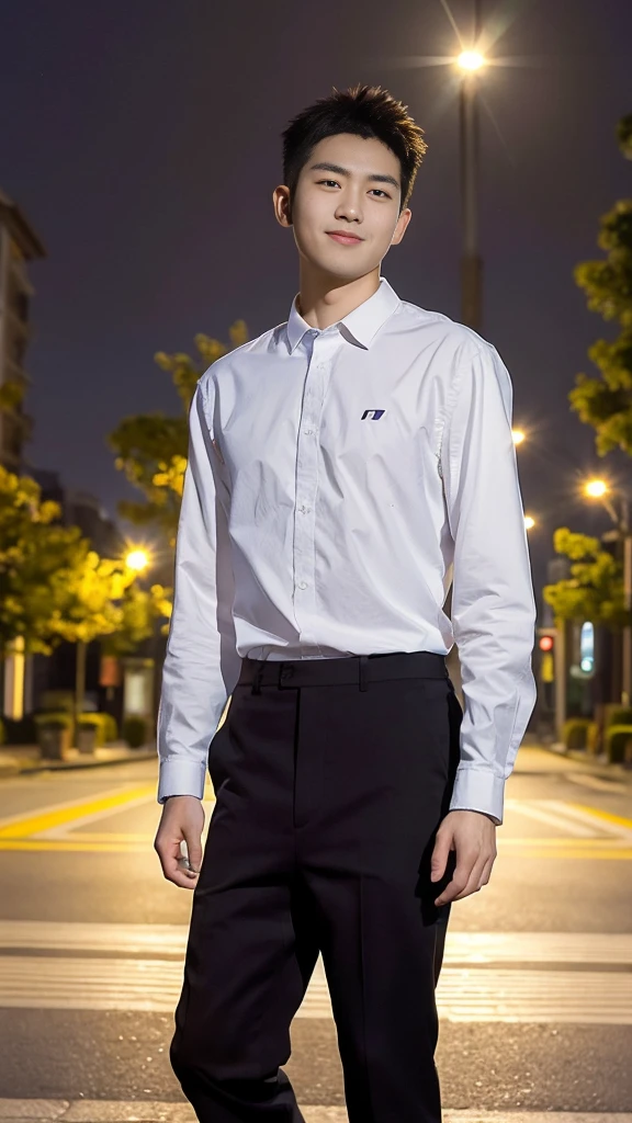 Masterpiece, best quality, height, Ultra high resolution,TRUE, photoTRUEistic,young man,handsome face,evening,natural light,look at viewer,outdoor,full body,smile,round face,short hair,Eye details,Shanghai city road,night scenery