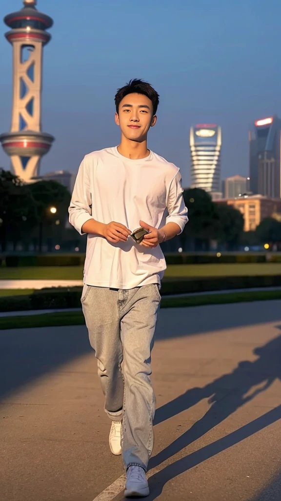 Masterpiece, best quality, height, Ultra high resolution,TRUE, photoTRUEistic,young man,handsome face,evening,natural light,look at viewer,outdoor,full body,smile,round face,short hair,Eye details,Shanghai city road,night scenery