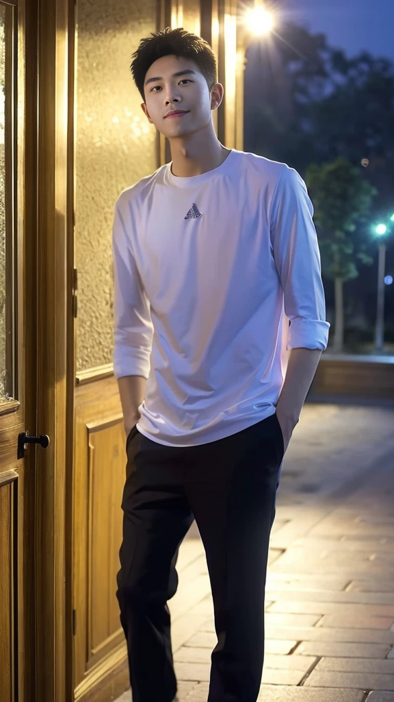 Masterpiece, best quality, height, Ultra high resolution,TRUE, photoTRUEistic,young man,handsome face,evening,natural light,look at viewer,outdoor,full body,smile,round face,short hair,Eye details,Shanghai city road,night scenery
