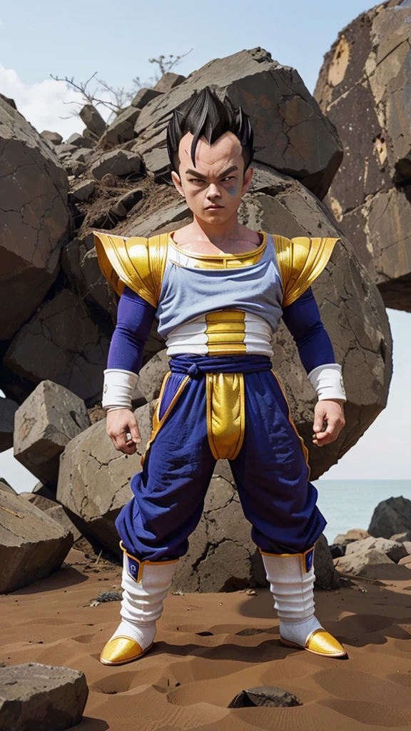 Vegeta standing in front of a giant object, prince vegeta, saiyan armor, vegeta, character dragonball, akiri toriyama, dragon ball artstyle, with vegeta head hair, by Akira Toriyama, dragon ball concept art, akira toriyama style, dragon ball z style, cell shaded!!!