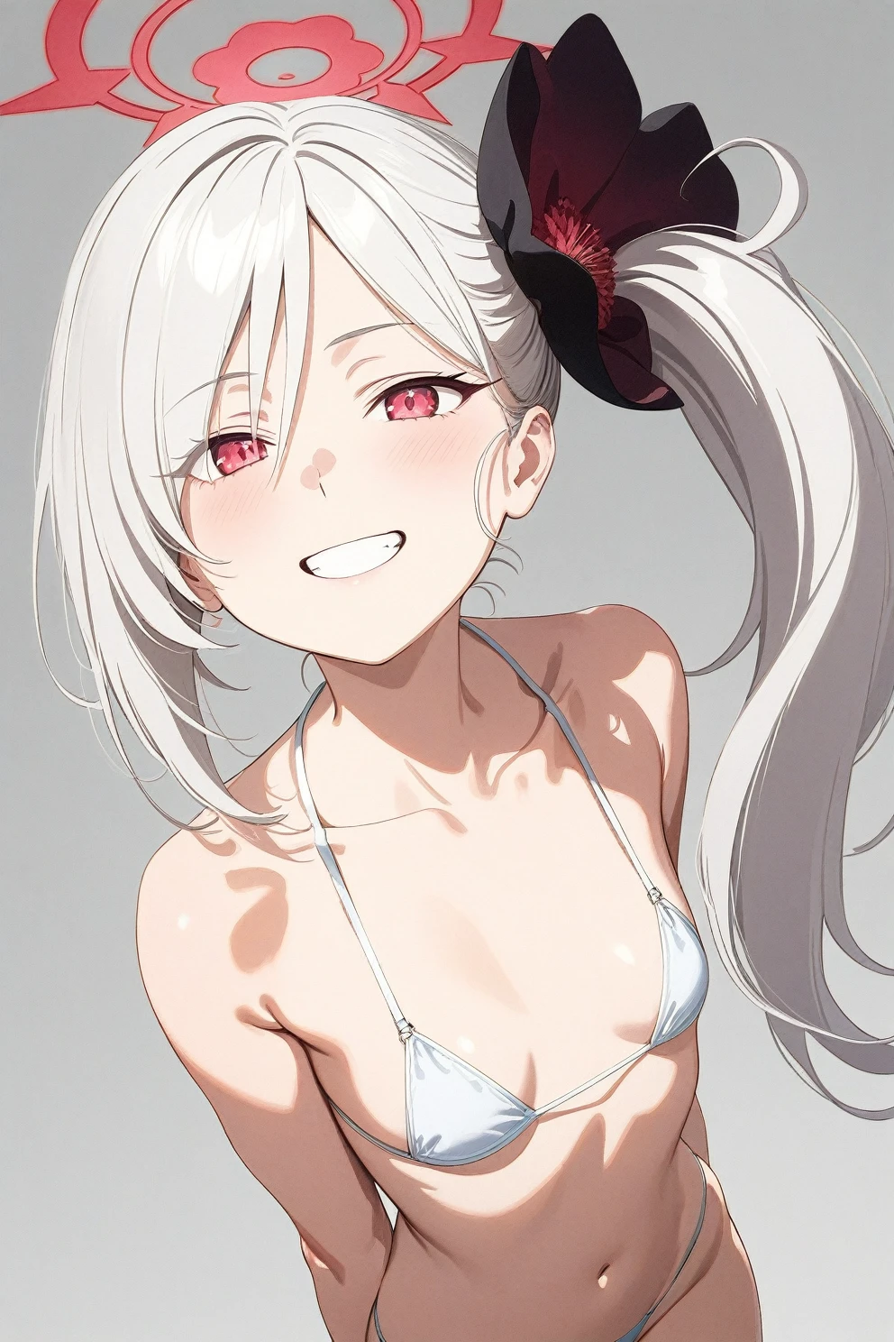 best quality, amazing quality, very aesthetic, absurdres, (1girl, mutsuki, blue archive, solo, red eyes, white hair, side ponytail), (realistic face:0.9),(string bikini:1.8),dress lift, (grin, blush, thigh:1.3), (cowboy shot), (glowing eyes), (half closed eyes:0.9), (from side:2), (official art:1.3), (pool), expressive eyes, perfect face, 4k, extremely detailed anime illustration, extremely detailed eyes, perfect anatomy, light rays, extremely delicate body, smooth skin, (school background:1.5), clear eyes, beautiful face, small breasts,(anime style:1.7), (Warm Light:1.5), (highres:2),
