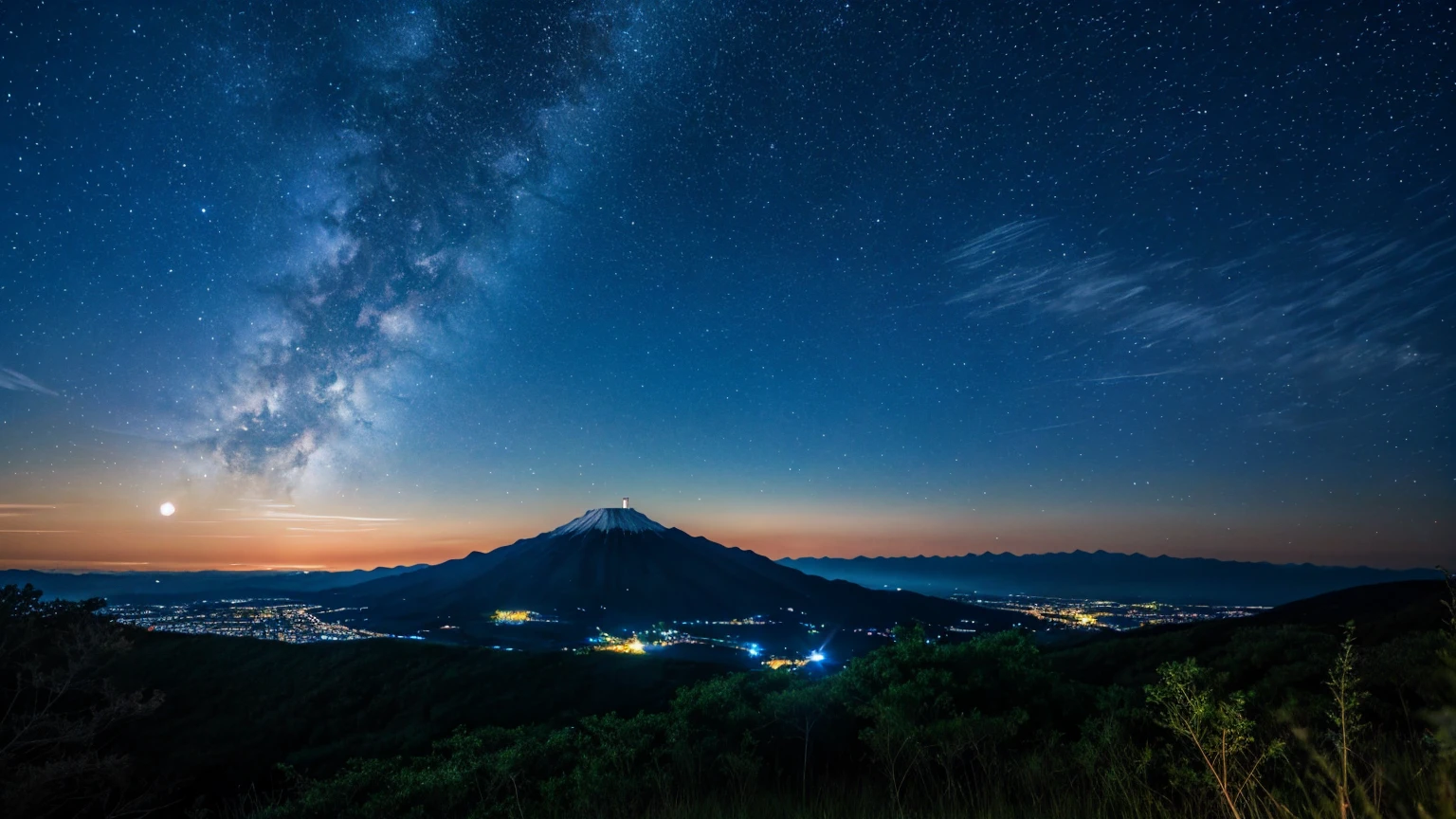 川と山のある風景を描いた星Moonlit Night画, Starry Skyの夜, Night view, Moonlit Night, Twinkling distant stars, Natural scenery at night, moonlight, Moonlit Nightscape, Stars shining in the distance, Starry Sky, Mystical Night