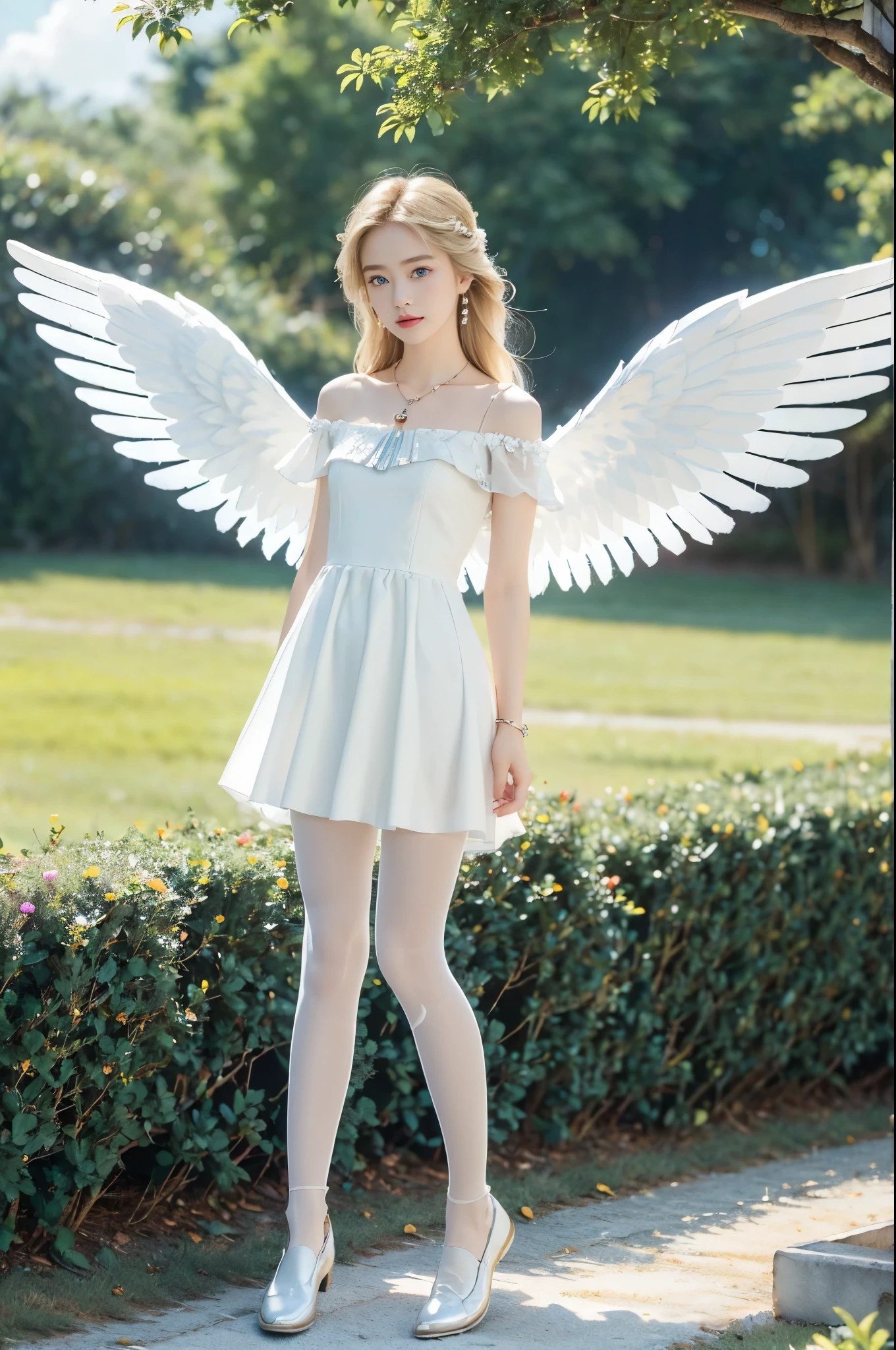 (((best quality))), (((ultra detailed))), (((masterpiece))), illustration,((1 beautiful little girl,solo,angel)),((fair skin,shoulder length straight blonde hair,blue eyes)),(earrings,crystal necklace),((slim,thin,small breasts,flat chest)),joyful expression,(white wings:1.3),(flowing short-sleeved white sheer dress:1.3),((In heaven, garden setting)), vibrant flowers,(colorful flowers:1.3),lush grass, gentle breeze, (clear sky, fluffy clouds, shining sun),((from front,standing,full body,arms behind back)),((slender legs,pantyhose,loafers))