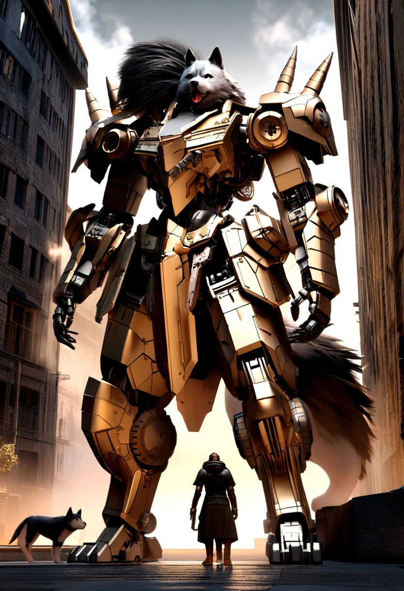 The building has a metal dog statue on its base., Armored Catの仲間, husky in shiny armor, Armored Cat, Steampunk dog, Cyborg dog, rendered in redshift, Steampunk ferret - a shaped mecha, Robot Lion, Industrial Mechanical Robot Dog, Highly detailed rendering, A good giant mechanical wolfdog, Detailed and complex rendering, Expressed in 3D rendering