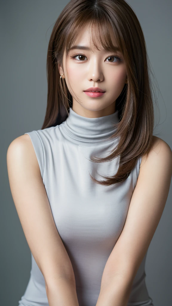 (Detailed face),((between legs)),chest,cute,Sleeveless and(turtleneck)White silky clothes,4K,Ultra-high resolution,(Photorealistic:1.7),Gray background,Long Hair,