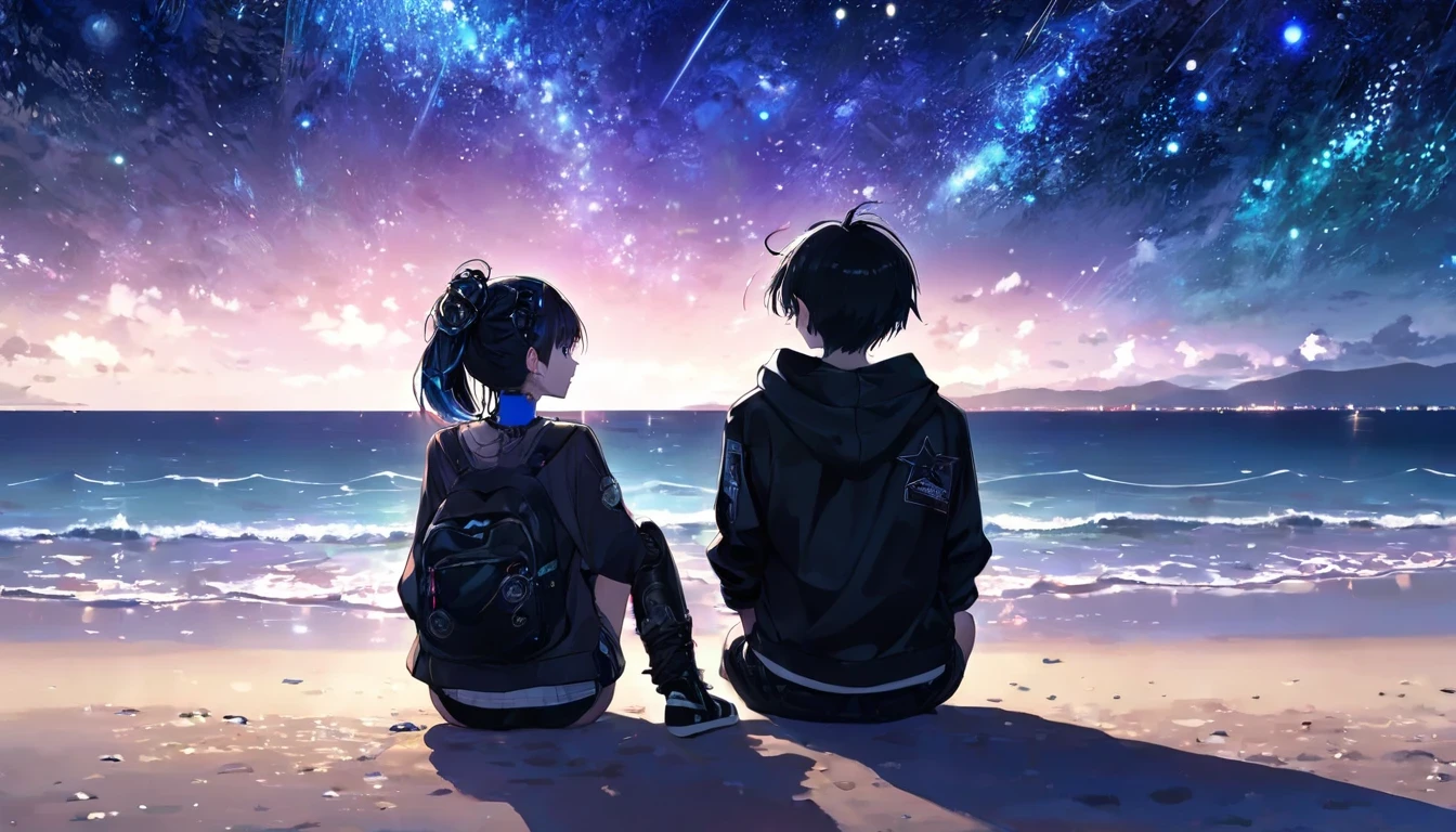 Sitting and looking at the sea2people、Boys and Girls、ager、cyber punk、Beach、Starry Sky