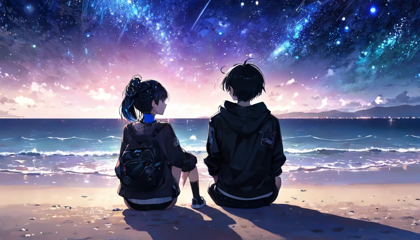 Sitting and looking at the sea２people、Boys and Girls、teenager、cyber punk、Beach、Starry Sky