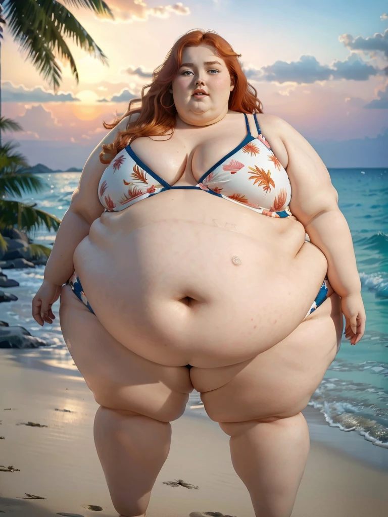 A beautiful tropical beach photo of a young beautiful redhead ssbbw with long wavy ginger hair soft fat belly, very wide fat obese hips, very obese legs, thick fat wide legs and fat arms, cute pretty face, small breasts, blue eyes, freckles, in a bikini, holding a huge pint of Ice Cream, on a beautiful beach