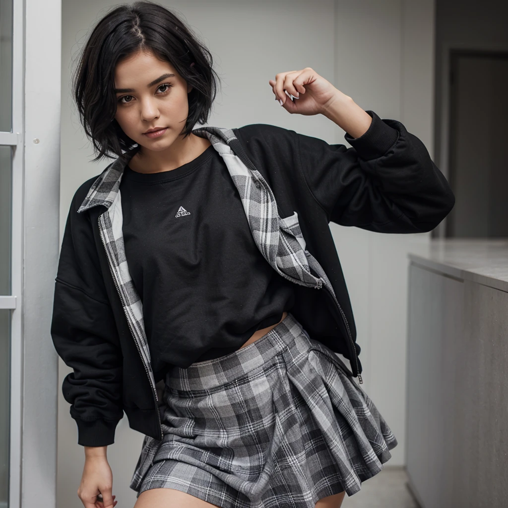 Girl with short medium black hair, black sweatshirt, White shirt, gray plaid skirt and black measurements