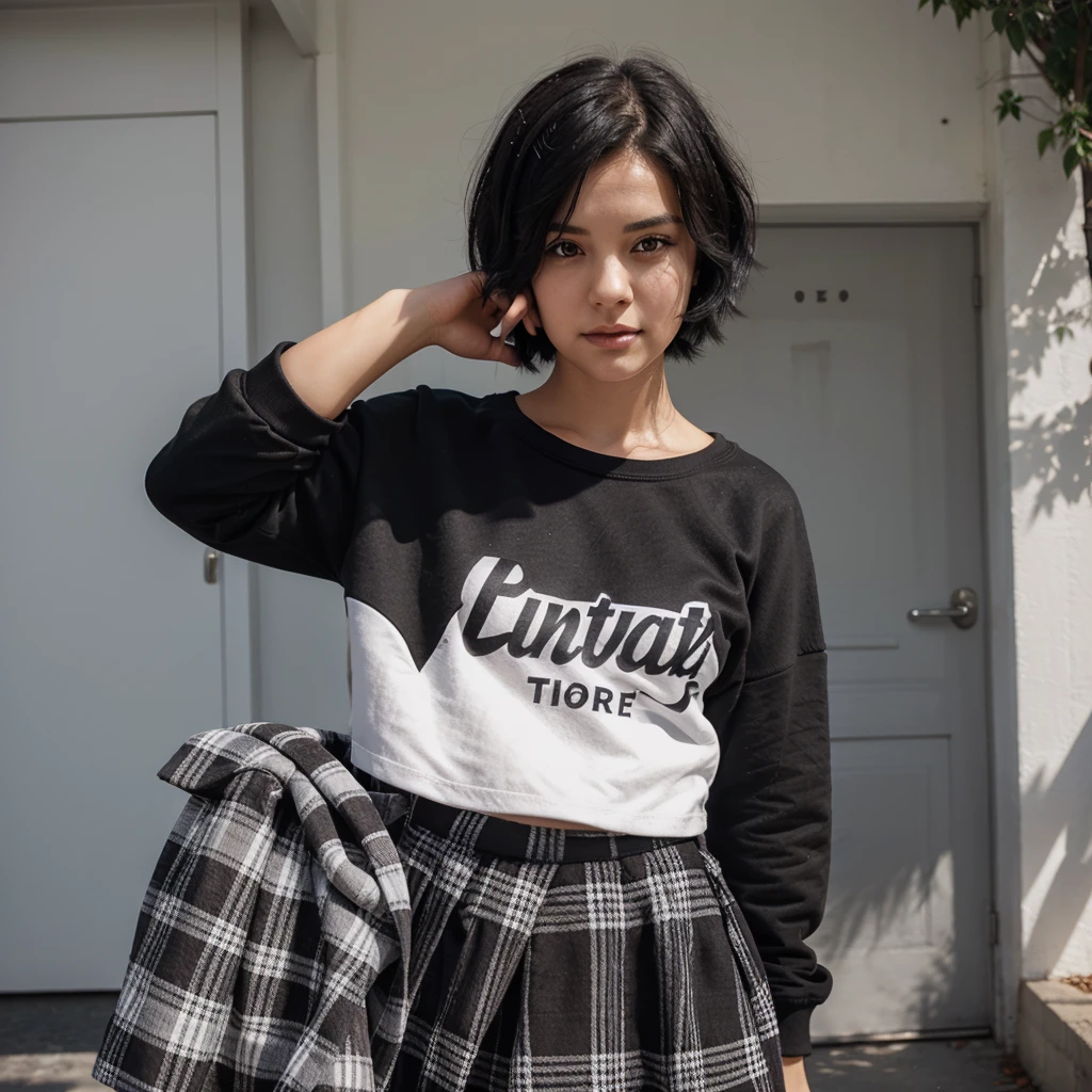 Girl with short medium black hair, black sweatshirt, White shirt, gray plaid skirt and black measurements