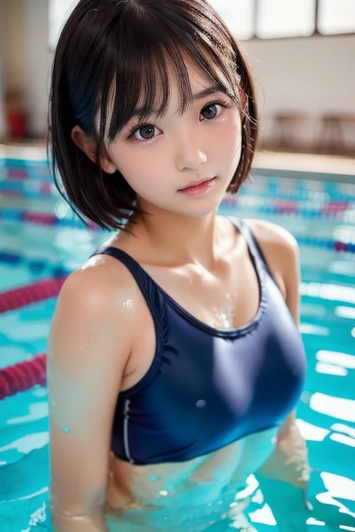 one girl, (a beauty girl, delicate girl:1.3), (:1.3),((Wet school swimsuit)) (Navy school swimsuit:1.3),((Cute pose)) ,Very detailedな明瞭さ, (Symmetrical eyes:1.3), (School swimming pool, indoor:1.3), Small breasts, Brown eyes, ((very beautiful short black hair)),((Pixie Cut))、 Brown Hair, girl,, (Eye and facial details:1.0),, (masterpiece, Highest quality, Very detailed, Detailed face, 8K)