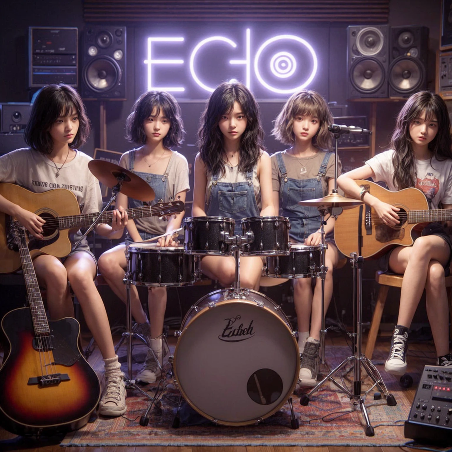 **Photo of 5 beautiful girls, aged 18 to 20, sitting:**

- **3 girls with messy black hair**
- **1 girl with wavy bob black hair**
- **1 girl with a black ponytail**

One girl is playing the drums, one girl is playing the piano, one girl is playing the bass guitar, one girl is playing the guitar, and one girl is singing. They are sitting behind a board with the word "ECHO" written on it. The background is a music studio, complete with drums, guitars, bass guitar, and piano. The image is ultra HD, 4k, photorealistic, raw, and a masterpiece.