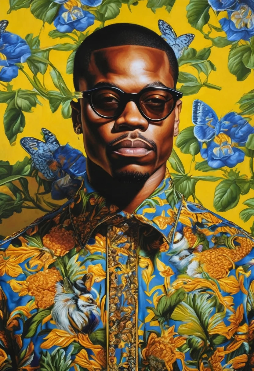 (Best quality, masterpiece:1,1) Снуп Догг wearing glasses ((style Kehinde-Wiley)), (Oil painting), detailed illustration, Grotesque, complex parts, vacation, (aesthetics), excitation, hyperrealistic, insanely detailed