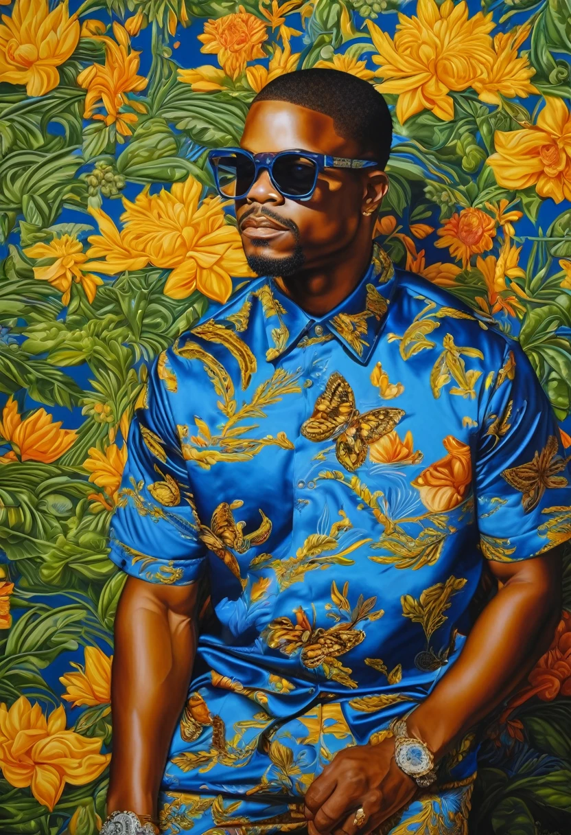 (Best quality, masterpiece:1,1) Снуп Догг wearing glasses ((style Kehinde-Wiley)), (Oil painting), detailed illustration, Grotesque, complex parts, vacation, (aesthetics), excitation, hyperrealistic, insanely detailed