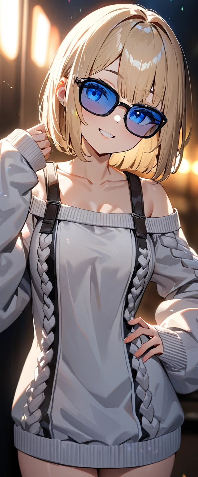 (((One girl))), blond hair, ((sunglasses, hand to sunglasses)), ((one hand on hip)), (bob cut:1.3)), breasts, cleavage, (cowboy shot), standard body, (looking at viewer), oversized clothes, puffy long sleeves, collarbone, ((off-shoulder sweater dress:1.3, Quite thick shoulder straps)), (((sleeves past wrists:1.3))), ((aran sweater)), ager, head tilt:1.3, (((blue eye))), ((happy smile)), (((anime style))), (best quality, 4k, 8k, highres, masterpiece:1.2, ultra-detailed, ultra-detailed eyes, HDR, UHD, studio lighting, ultra-fine painting, sharp focus, physically-based rendering, extreme detail description, professional, vivid colors, bokeh), ((Highest quality, Best image quality, Ultra-high resolution, Ultra-high resolution, solo, Strong eye highlights)), Depth of written boundary, Natural soft light, attractive, Beautiful Face, Cleanliness, Pure Face, nedium chest, Beautiful Face, Perfect Fingers, Perfect hands, Perfect body, Perfect Face, Shine a light into your eyes, Perfect Anatomy
