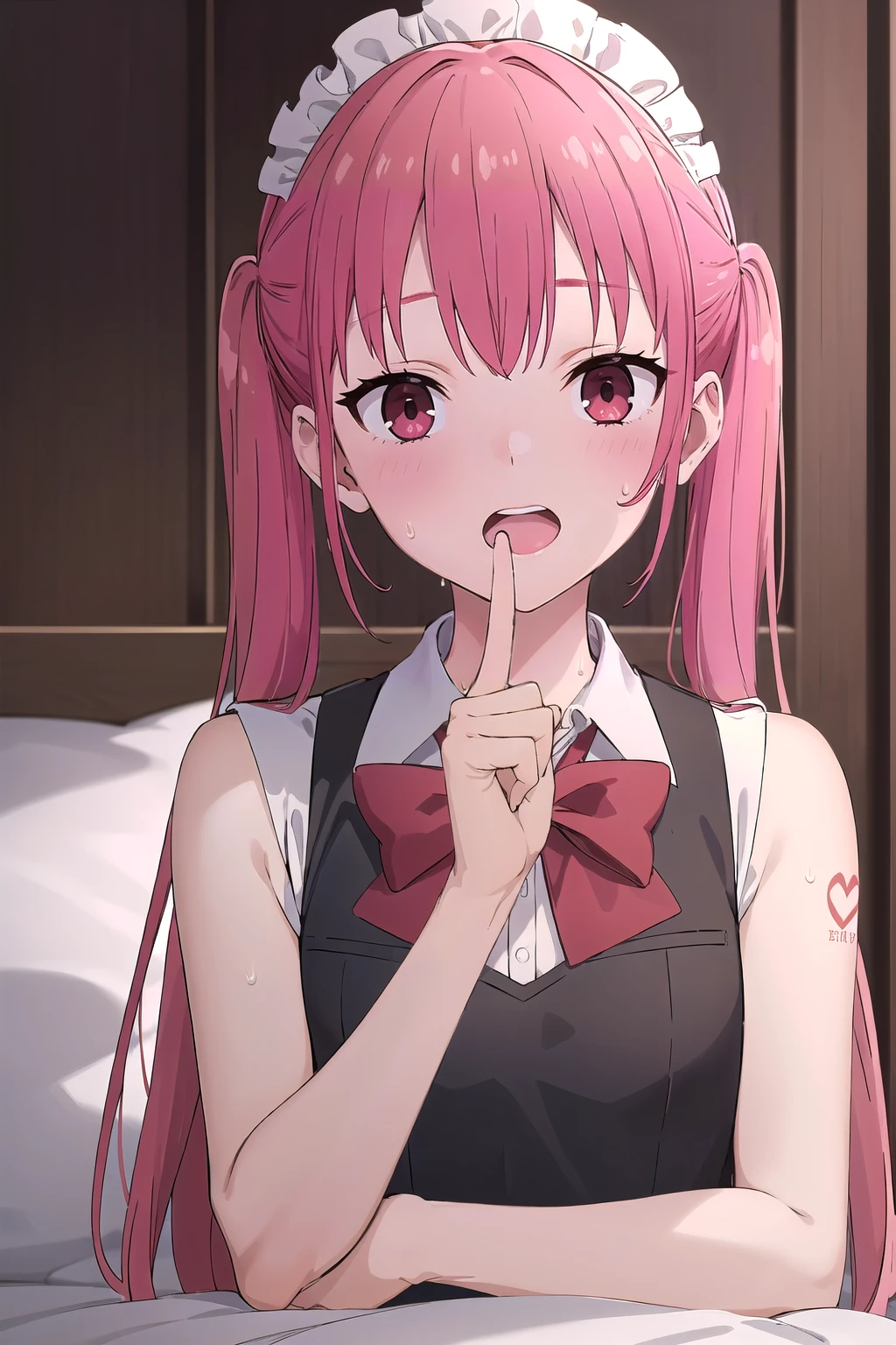 A mafia girl wearing a pink striped tie, her eyes closed during training, blushing, and her clothes soaked in sweat.