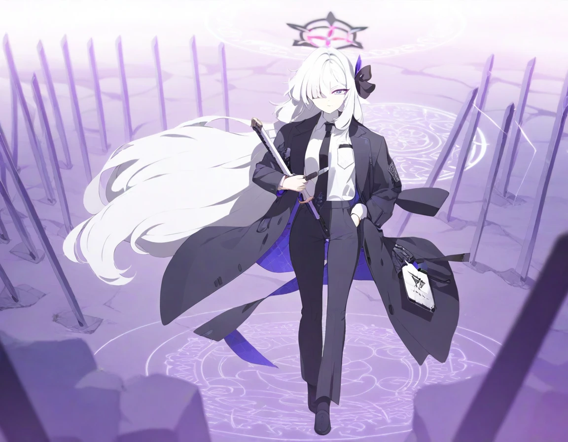 (Highest quality), (High resolution), (masterpiece), (Super detailed), (Highest quality), (High resolution), (masterpiece), (Super detailed), (Bright saturation), Thigh-length hair, White Hair, Heterogeneous eyes: purple left eye and blue right eye, Blue Archive Art Style, One girl, Swinging a black sword in his right hand, Left hand in pocket, girl, (Black long coat, White shirt, Black tie, Black trousers, suit, Black halo) whole body, Countless swords of light are stuck in the ground., Magic circle in the background, Expressionless, Vivid saturation