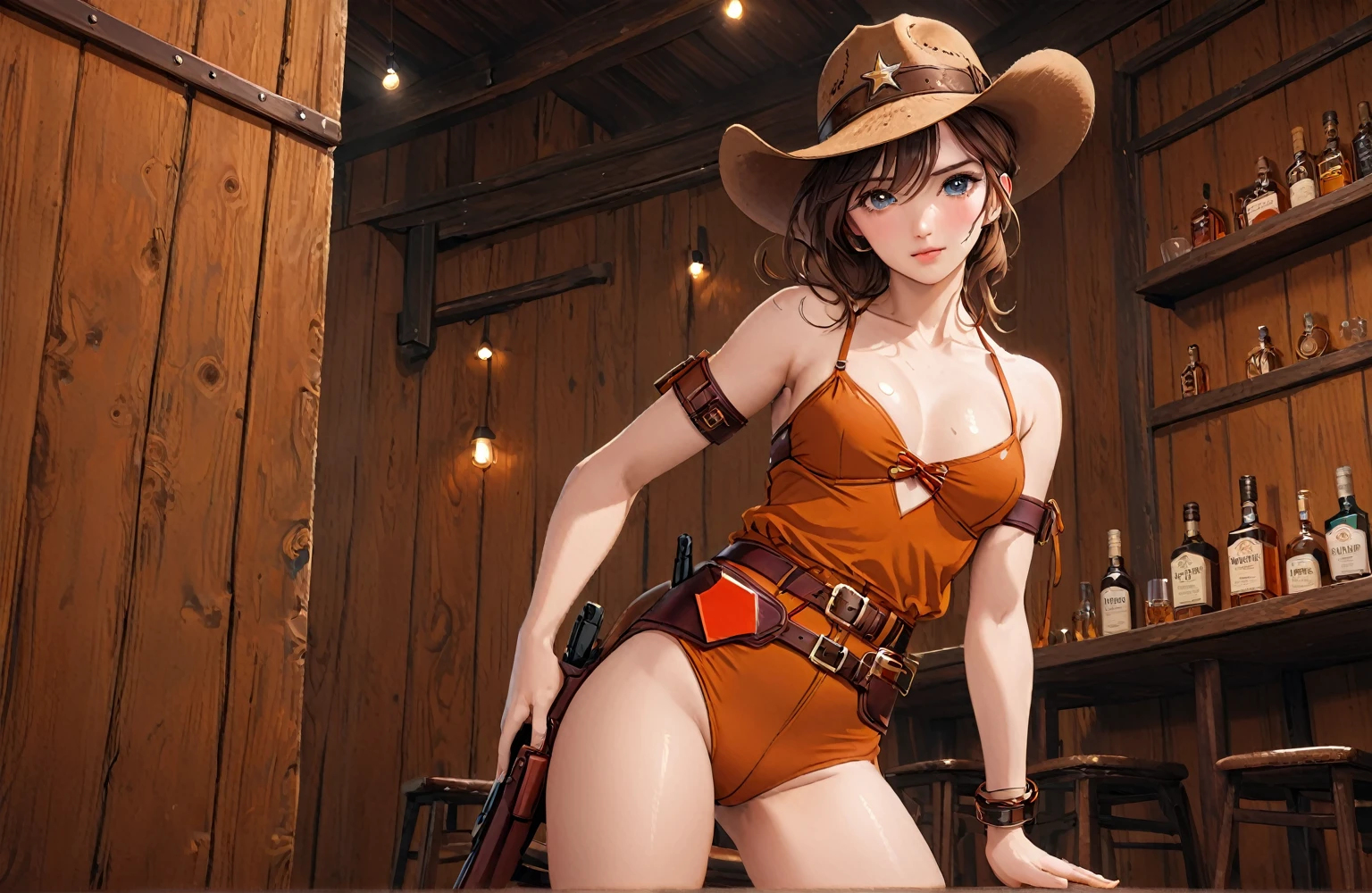 (((1 person:2.0))),(((NSFW:1.5))),(((wearing a bikini:1.5))),(((Brown swimsuit:1.5)))(((Wearing a gun belt with a holster:1.8))),,((Wear a wrist watch:1.5))),(((Showing cleavage))),(((Exposed thin inner thighs))),(((Small breasts:1.5))),(((Bare arms))),(((Wearing boots:1.5))),((Blushed face:1.8)), Beautiful detailed girl, Very detailed目と顔, 緻密でBeautiful Eyes, Very detailed, High resolution, Highest quality, masterpiece, Very detailed, 8k wallpaper, wonderful, finely, Highest quality,(Standing in front of a wooden wall),Beautiful Eyes,((Engage your audience:1.5)),((Cowboy Shot:1.5))),((Front shot:1.2)),((Put your right hand on your chest:1.5)),((Drinking whiskey:1.4)),(((Drunk,Crying hard:1.0))),(((Straddling a chair:1.2)))