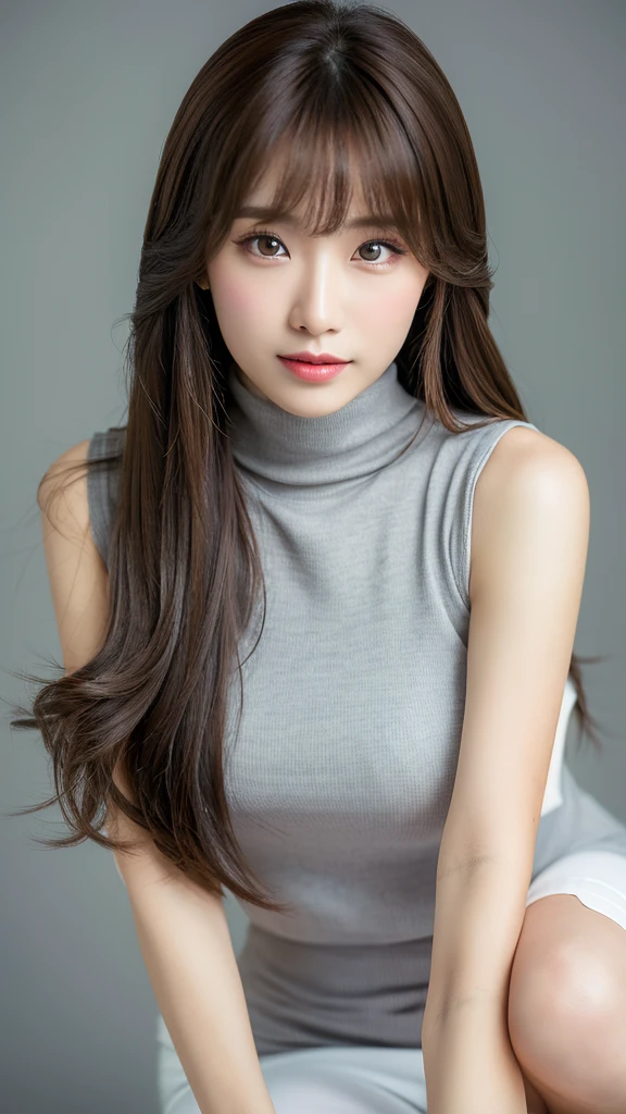 Normal chest,(between legs),cute,(Detailed face),Grey sleeveless turtleneck dress,4K,Ultra-high resolution,(Photorealistic:1.7),Black long hair,Gray background,