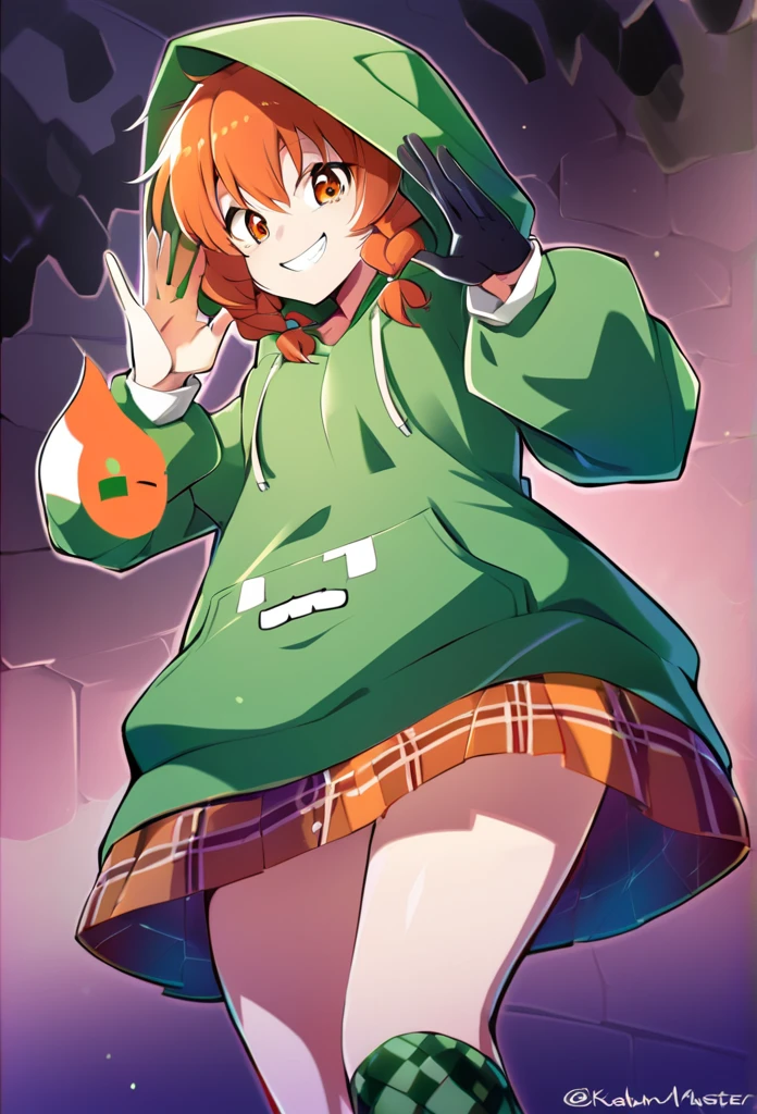 a drawing of a girl in a green hoodie with creeper print on the hood, and black gloves, [[[[grinning evily]]]], orange hair, braids in front, orange eyes, green miniskirt, green stockings with black check, in a hoodie, green hood, by Kamagurka, chihiro! fujisaki, madeline from celeste, girl wearing hoodie, by Kanbun Master, in a hood, grinning lasciviously
