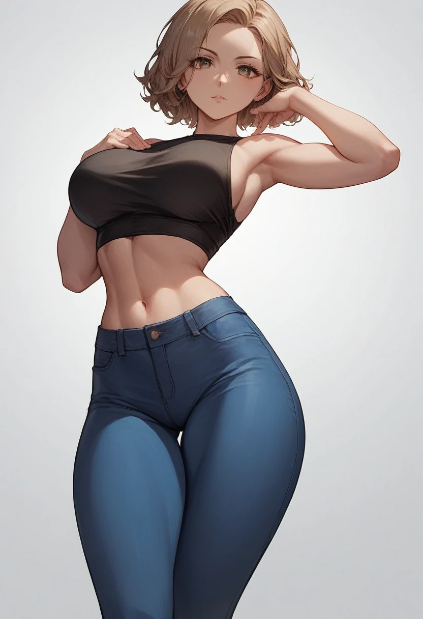 Beautiful young woman is looking at the viewer,1girl,short black hair,beautiful light brown eyes,sexy black open belly shirt ,sexy black and blue pants,big breasts,sexy thighs,sexy pose,cute hip,light serious face,white background,anime,masterpiece,8k,very high quality,standing pose