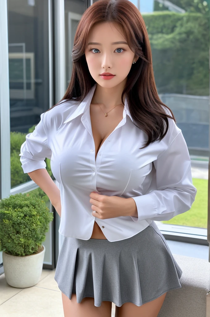 the most beautiful actress in the world, she is 18 years old, the perfect body proportions of this girl, tight blazer is firmly closed on formal shirt which is worn on her large breasts and her whole upper body, it's difficult for short skirt to cover panties between her bare legs because it is too short, her bare thighs, standing, the sky is seen from out of the window , best quality, highly detailed, masterpiece, ultra high res, photo realistic, 8k