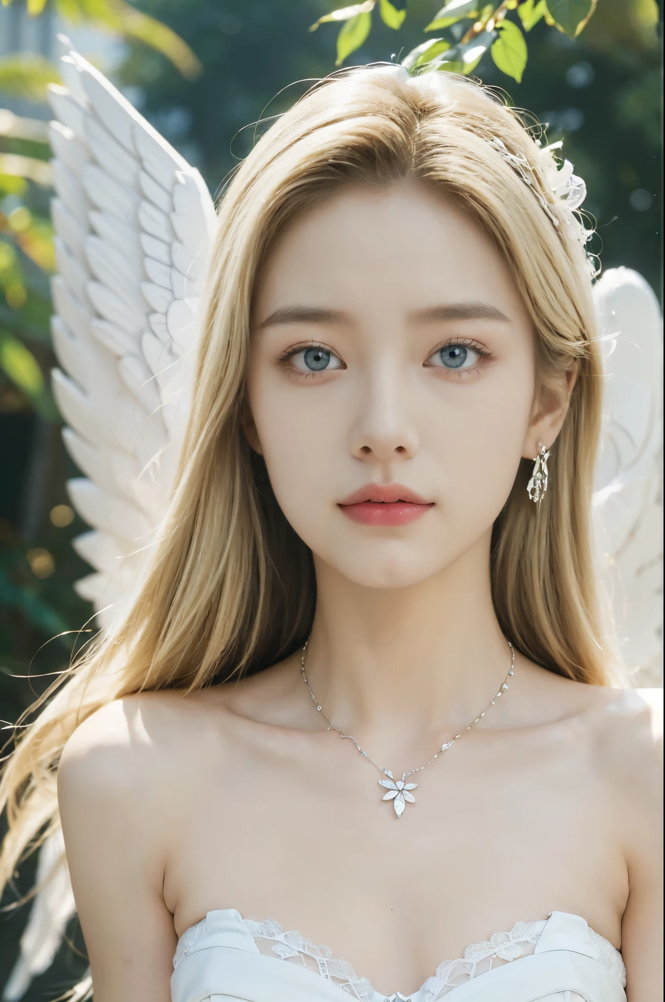(((best quality))), (((ultra detailed))), (((masterpiece))), illustration,((1 beautiful little girl,solo,angel)),((fair skin,shoulder length straight blonde hair,blue eyes)),(earrings,crystal necklace),((slim,thin,small breasts,flat chest)),joyful expression,(white wings:1.3),(strapless white sheer bra:1.3),((In heaven, garden setting)), vibrant flowers,(colorful flowers:1.3),lush grass, gentle breeze, (clear sky, fluffy clouds, shining sun),((from front,close-up of face)),