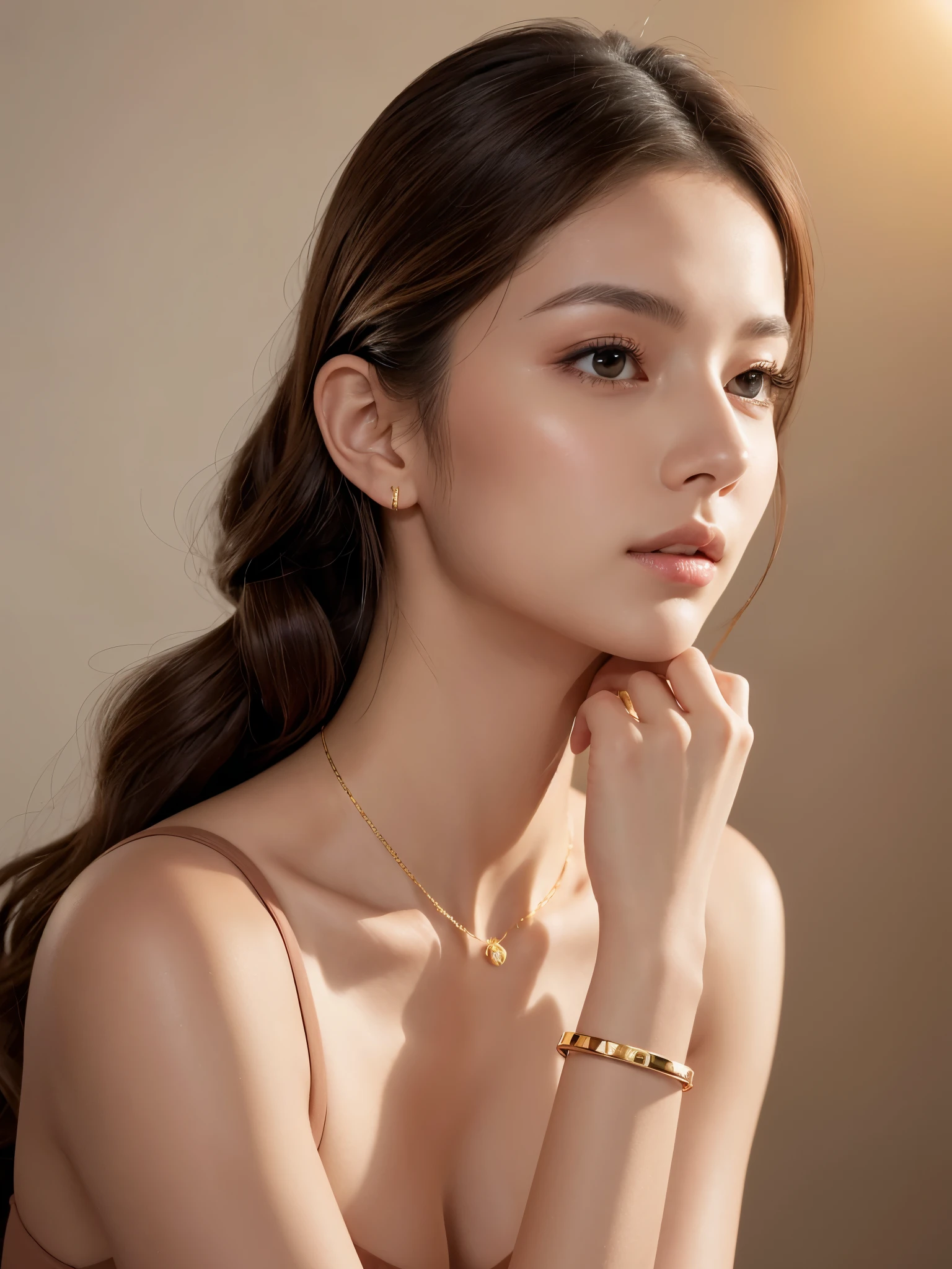 Create a highly detailed portrait of a young woman with an elegant, modern appearance. She has long, wavy brown hair tied up in a high ponytail, with soft curls cascading down. Her eyes are large and expressive, with natural makeup highlighting her features, including subtle blush, light eye shadow, and glossy nude lipstick. She is wearing a stylish halter top that exposes her shoulders and a delicate gold bracelet on her right wrist. Her pose is graceful, with her left hand resting gently on her cheek and her right hand supporting her chin. The background is dark, illuminated by soft, focused lighting that enhances her delicate skin texture and creates a dramatic, sophisticated atmosphere. The overall mood should be one of elegance and poise, capturing her refined and modern beauty.