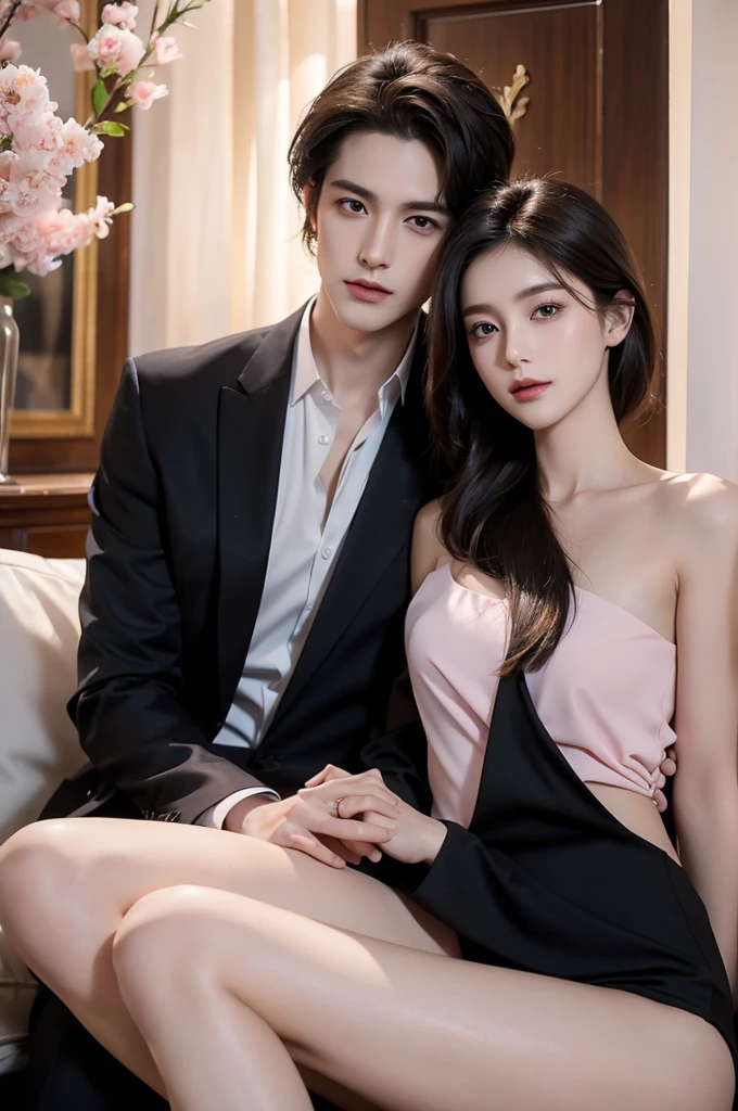 Modern. Suit man wear. Elegant couple, masculie man and 2 beautiful girl. Dark hair color. Very deatiled face. pretty eyes (perfect eyes). 8K resolution. Masterpiece. Romantic, love, glowing light. Look at the viewer. Petals. Pastel color.