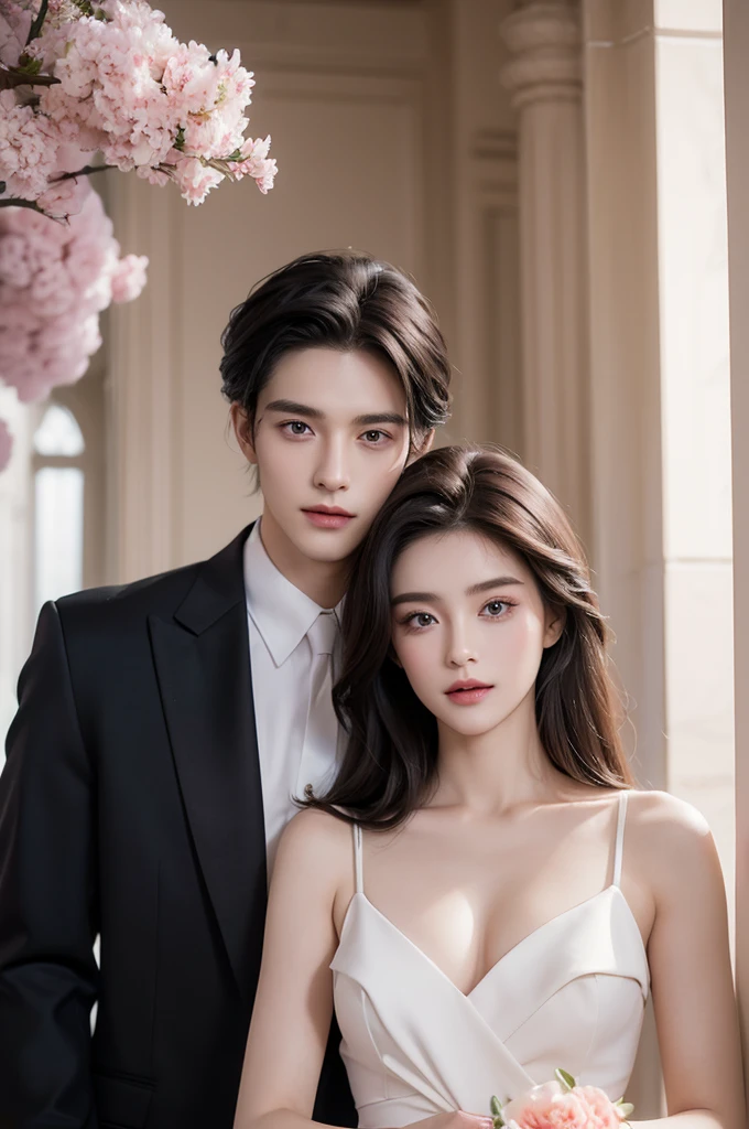 Modern. Suit man wear. Elegant couple, masculie man and 2 beautiful girl. Dark hair color. Very deatiled face. pretty eyes (perfect eyes). 8K resolution. Masterpiece. Romantic, love, glowing light. Look at the viewer. Petals. Pastel color.