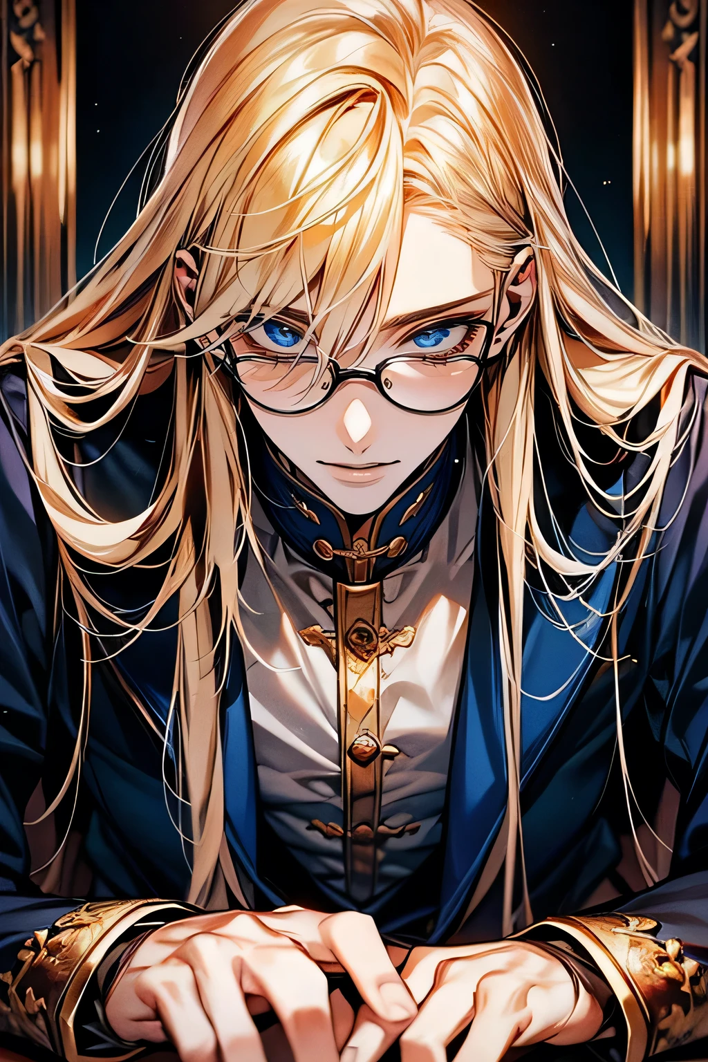 male，Golden long hair，blond，Look to the lower left corner，Lips pursed smile，Best qualities of blue eyes,,{long hair}，Straight Hair，{High resolution}{gentle face}，student，Gold-framed glasses，blue pupils(Sharp eye 光),(((Adult male))),Face clarity，The white of the eye is distinct，Five fingers，study，library，Scholar，Elegant temperament，Adult male，man，Sitting on