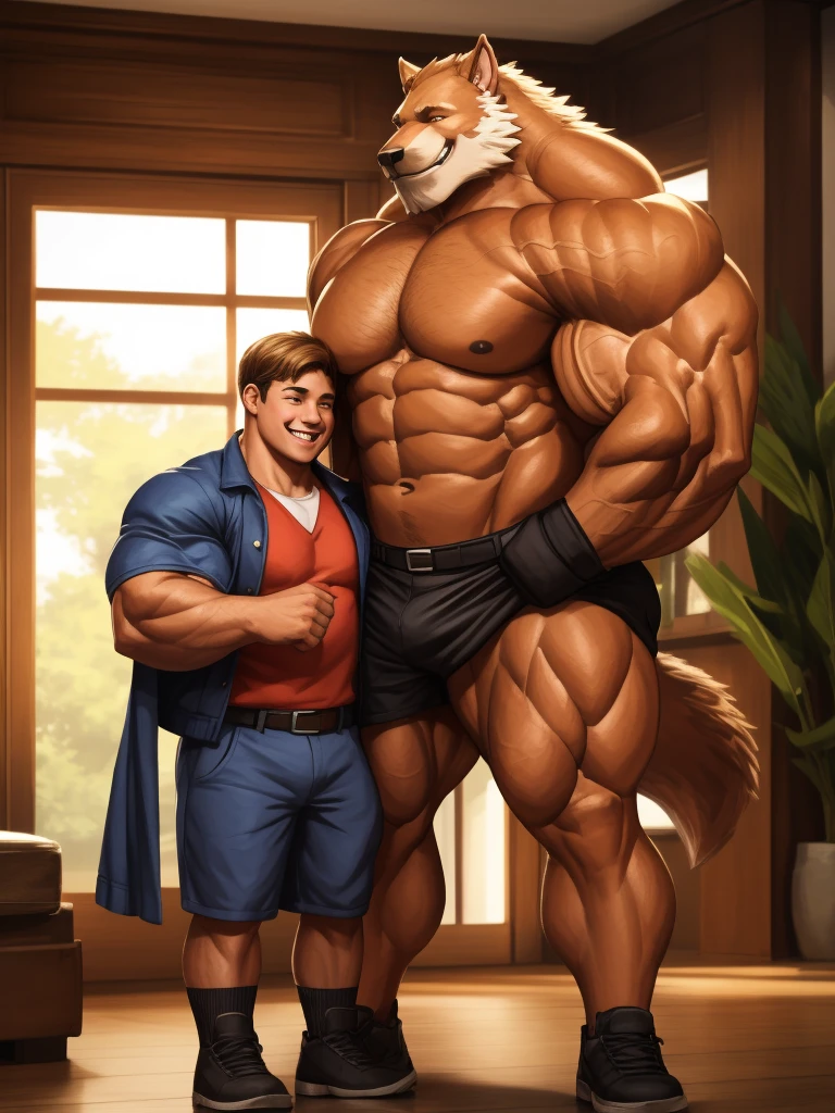 4K, detailed, soft color, Vintage images, highres, unparalleled masterpiece, absurdres, love story of human muscular old man and giant huge Muscular Werewolf, pair, Height difference, Physical difference, perfect anatomy, smile, joyful, play with, smile, happy