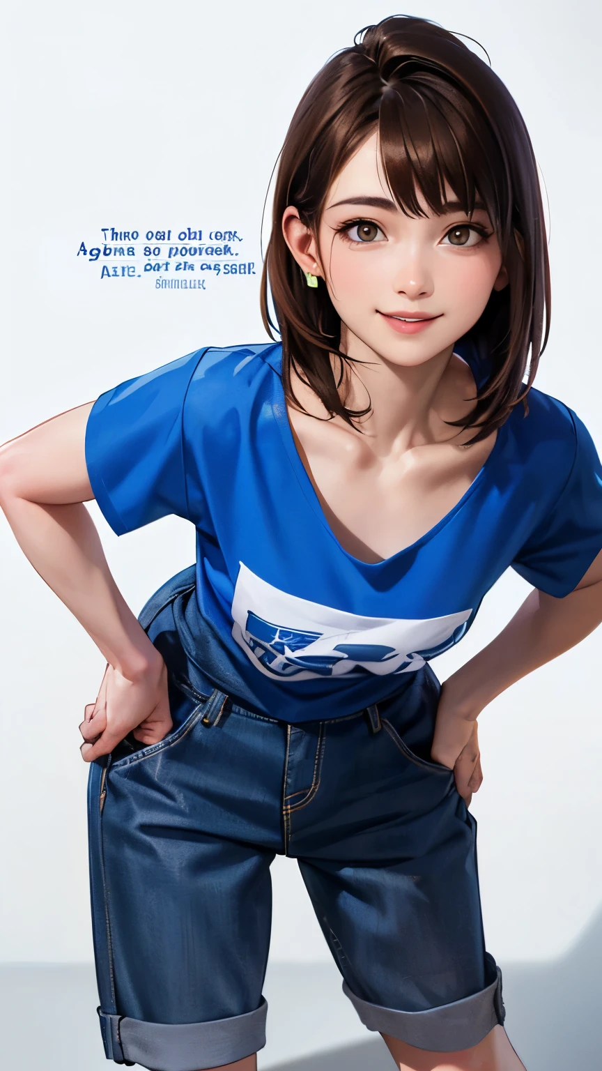 (Highest quality、8K、32k、masterpiece)、(Realistic)、(Realistic:1.2)、(High resolution)、Very detailed、Very beautiful face and eyes、1 Girl、Round and small face、Tight waist、Delicate body、(Highest quality、High detail、Rich skin detail)、(Realistic、Realistic:1.37)、Bright colors、(((Brown Hair)))、(((Full Body Shot)))、(((Medium Hair)))、(((This is a stylish hairstyle)))、(((White wall background)))、(((White wall background)))、(((smile)))、(((明るいsmileです)))、(((Teeth are visible)))、(((Wearing a light blue T-shirt)))、(((The T-shirt has English text on the front.)))、(((hot pants)))、(((デニムのhot pants)))、(((Brown Hair)))、(((Hands on hips)))、(((Leaning forward)))、(((Beautiful clavicle)))、(((She tucks her hair behind her ear with her right hand)))、(((Light blue shirt)))、