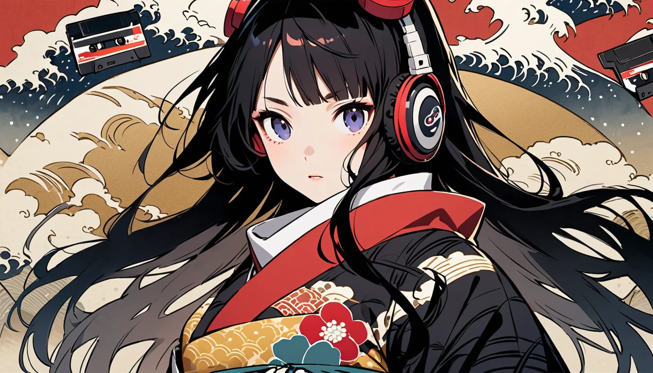 (((Highest quality))), (((Katsushika Hokusai))), (((Ink Painting))), ((very straight longhair)), ((1 girl)), ((Skull Mask)), ((beautiful girl)), Japanese style headphones, Black Hair, Delicate and precise, Modern ukiyo-e style