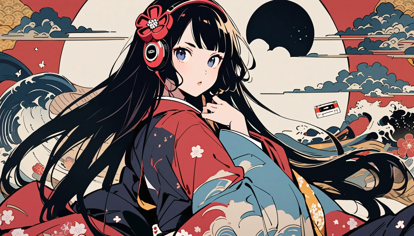 Highest quality, Katsushika Hokusai, Ink Painting, (((very straight longhair))), (((1 girl))), (((I have a cassette tape))), Japanese style headphones, beautiful girl, Black Hair, Delicate and precise, Modern ukiyo-e style