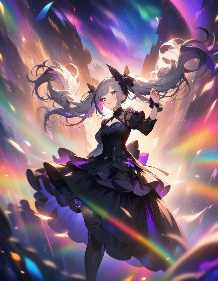 (One girl),Gothic,Twin tails,Gray Hair, Organza Lace,Gorgeous and elaborate clothes,Gothic, flight, green, (colorful), Bold, Gradient Blend, Motion Blur, Sparkling Texture, Dynamic configuration, Atmospheric perspective, Impressionist, , (masterpiece), (Highest quality), wonderful, (Beautiful attention to detail), (In detail), Depth of written boundary, Highly detailed CG, original, Highly detailed wallpaper, (Vibrant colors), Cinema Lighting, (colorful), blush,