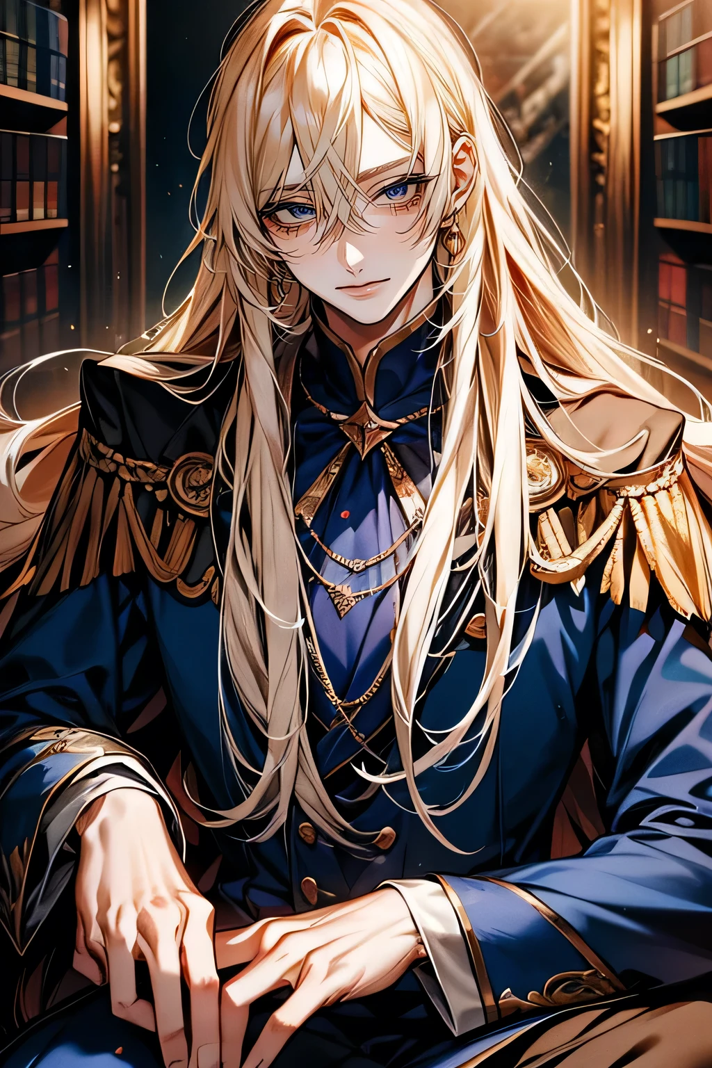 male,Golden long hair,blond,Look to the lower left corner,Lips pursed smile,Best qualities of blue eyes,,{long hair},Straight Hair,{High resolution}{gentle face},student,Gold-framed glasses,blue pupils(Sharp eye 光),(((Adult male))),Face clarity,The white of the eye is distinct,Five fingers,study,library,Scholar,Elegant temperament,Adult male,man,Sitting on