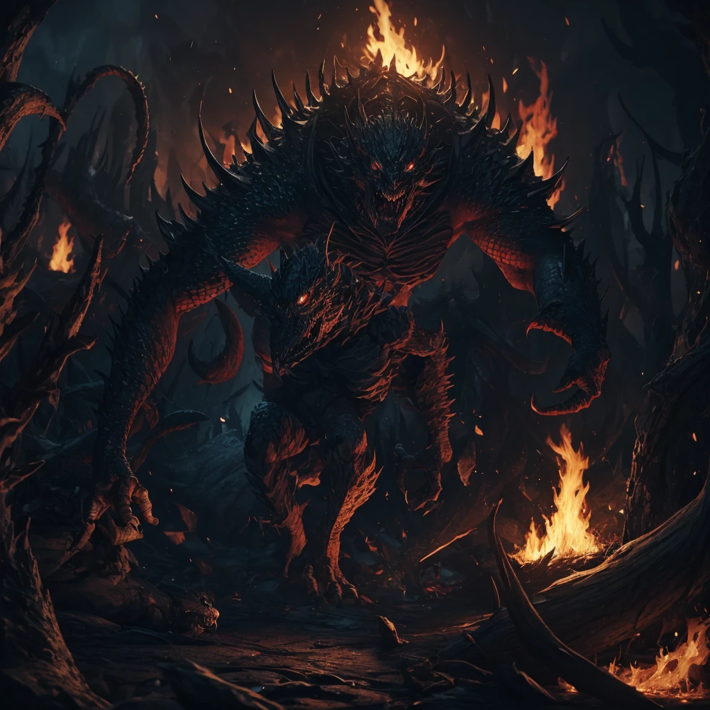 （Scaly Messenger from Hell：1.4），Look down on me，disobedience，Abominable，The whole body is shrouded in red flames，Long hairs of flame fluttering in the wind，（Super huge, The claws are thick and sharp），（The whole body is covered with black scales.：1.5），The scales are covered with thick barbs.，The scales are very thick and scary，Bloodthirsty Demon&#39;s Reflective Scales，（Two claws fighting：1.4），Lightning pierced the sky，Underfoot is a thick sea of clouds and blood），（（Blood dripped between the paws）），（Stereoscopic perspective：1.4），piece of art，ultra - detailed，4k resolution，high high quality，world，High image detail，Detailed pubic hair，Epic shooting
