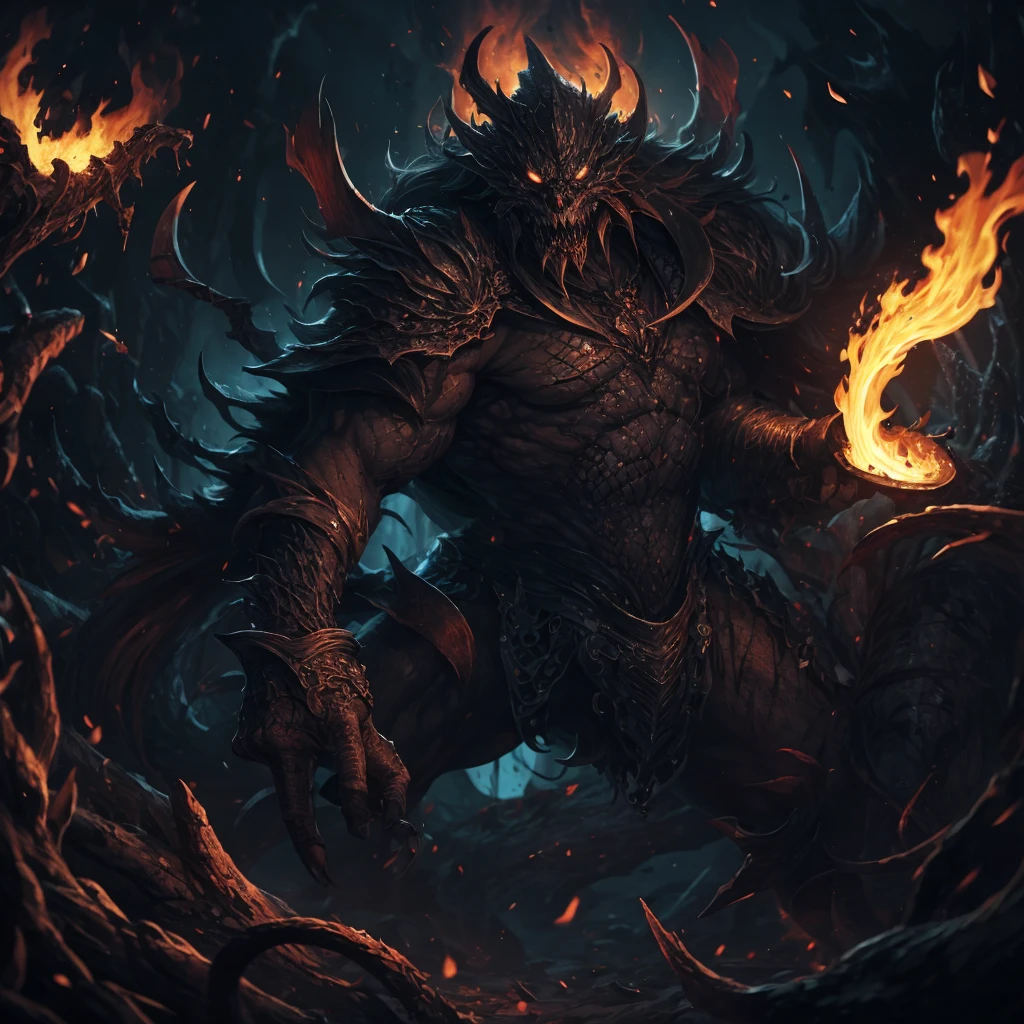 (Scaly Messenger from Hell:1.4),Look down on me,disobedience,Abominable,The whole body is shrouded in red flames,Long hairs of flame fluttering in the wind,(Super huge, The claws are thick and sharp),(The whole body is covered with black scales.:1.5),The scales are covered with thick barbs.,The scales are very thick and scary,Bloodthirsty Demon's Reflective Scales,(Two claws fighting:1.4),Lightning pierced the sky,Underfoot is a thick sea of clouds and blood),((Blood dripped between the paws)),(Stereoscopic perspective:1.4),piece of art,ultra - detailed,4k resolution,high high quality,world,High image detail,Detailed pubic hair,Epic shooting