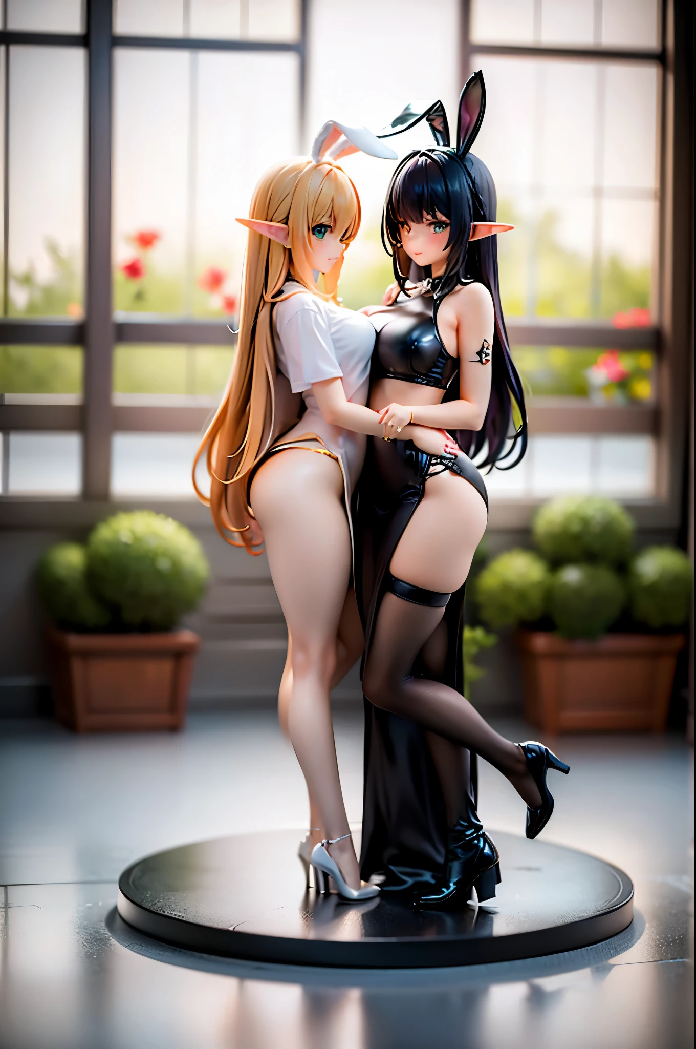 realistic image, detailed image, coherent image, 1 elf, has very long hair, black hair, turquoise eyes, smiling, She is wearing a t-shirt and a lace cheeky top, showing her legs, She has a curvy body, medium breasts and thick thighs .1 girl with bunny ears, has very long hair, orange hair, green eyes, smiling, wears a top without garters, a pleated miniskirt showing half a thong, They are hugging each other, posing sensually, arching their back, gushing buttocks, full body view, flower petals falling, background surrounded by flowers, soft focus, dramatic shadows, volumetric lighting, natural lighting, artificial lighting, white background